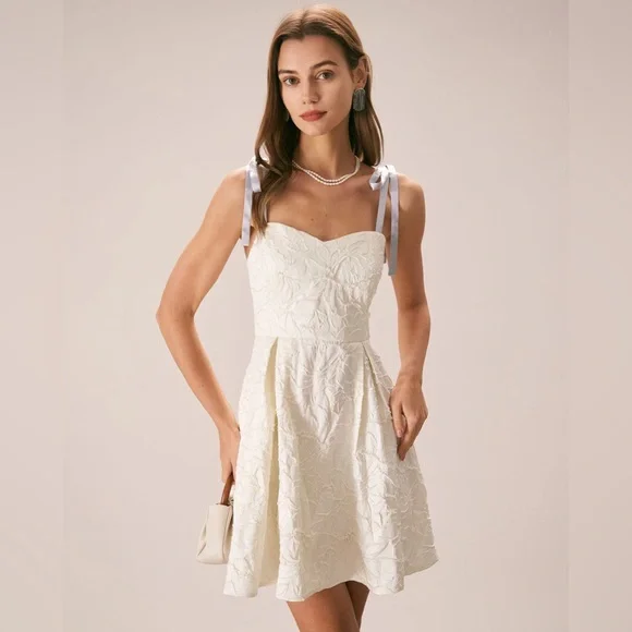 Rihoas Off White Jacquard Tie Strap Mini Dress - Picture 4 of 9